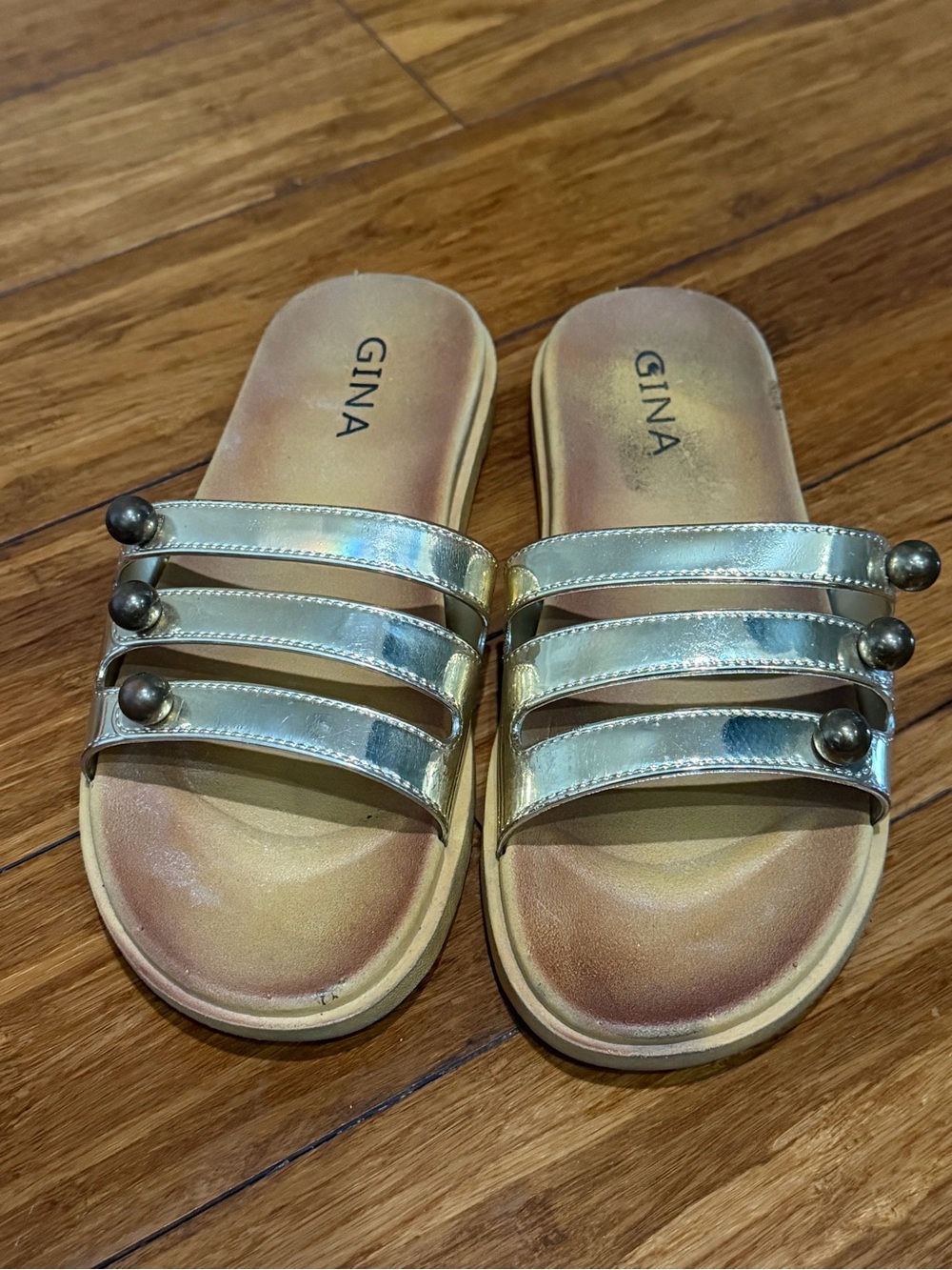 GINA Metallic Gold Triple-Strap Slide Sandals